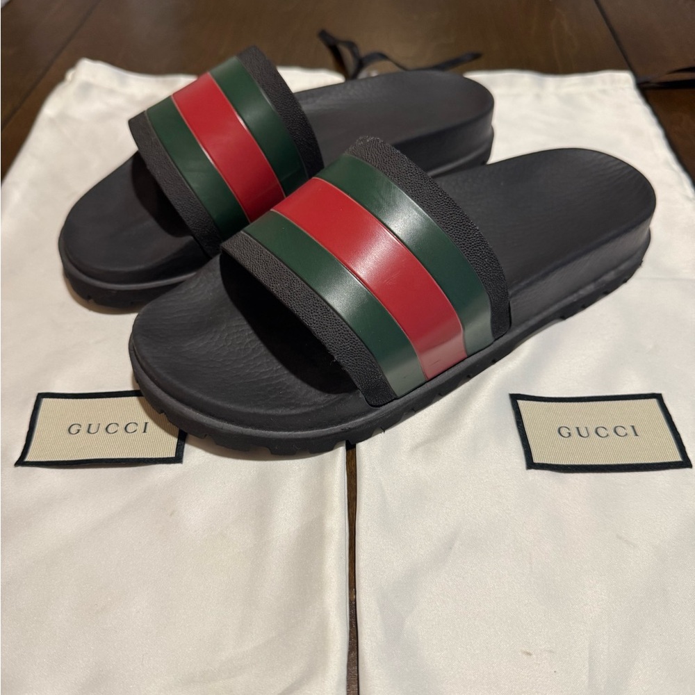 Gucci Black Slides with Red and Green Web